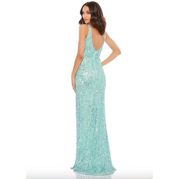 MAC DUGGAL Dress Size 12 Evening Gown Sequin Seafoam Green NEW Slit V Neck - Picture 2 of 8